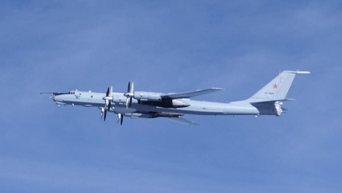 This handout photo taken on September 12, 2024 and received from Japans Ministry of Defence Joint Staff Office on September 13, 2024 shows a Russian militarys Tu-142 patrol aircraft flying almost a full circle around Japan. (Photo by HANDOUT / Japans Ministry of Defense / AFP)