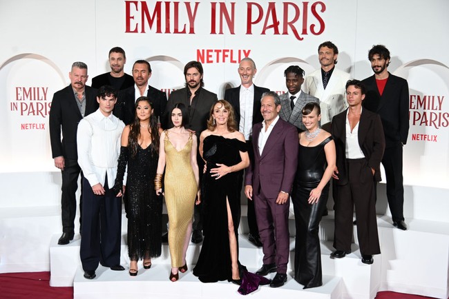 The cast (William Abadie, Lucas Bravo, Bruno Gouery, Camille Razat, Eugenio Franceschini, Paul Forman, Ashley Park, Lily Collins, Philippine Leroy-Beaulieu, Samuel Arnold, Marylin Fitoussi, Ted Sarandos, Darren Star) on the red carpet of Netflix series Emily in Paris 4 at The Space Cinema Moderno. Rome (Italy), September 10th, 2024 (Photo by Massimo Insabato/Archivio Massimo Insabato/Mondadori Portfolio via Getty Images)