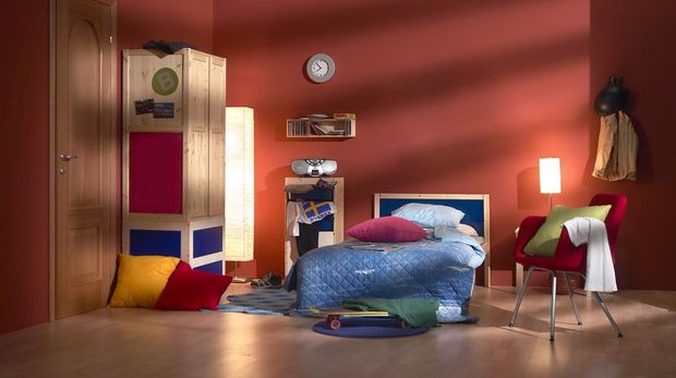 Interior view of the bedroom of a young boy.
