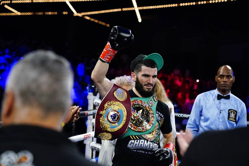 Artur Beterbiev gestures after defeating Joe Smith Jr. in a light heavyweight boxing bout Saturday, June 18, 2022, in New York. Beterbiev won in the second round. (AP Photo/Frank Franklin II)