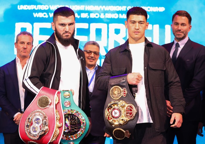 LONDON, ENGLAND - APRIL 15: Artur Beterbiev and Dmitrill Bivol face off during a press conference ahead of their WBA, WBC, IBF & WBO Light Heavyweight fight at Outernet London on April 15, 2024 in London, England. (Photo by Richard Pelham/Getty Images)