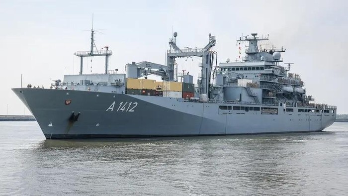 The Berlin-class replenishing ship A 1412 Frankfurt am Main of the German Navy (Bundesmarine) leaves its home port Wilhelmshaven, northwestern Germany, for the Indo-Pacific Deployment, on May 7, 2024. Two German naval vessels were heading into the Taiwan Strait on September 13, 2024, the German defence minister said, in a voyage that was expected to spark a diplomatic protest from Beijing. (AFP)