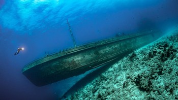 Juara satu kategori Adventure dipegang oleh Tobias Friedrich dari Jerman. Foto ini memperlihatkan seorang penyelam yang terlihat sangat kecil saat berenang di depan kapal reruntuhan kapal yang tenggelam di perairan Bahama. Foto: Tobias Friedrich/Ocean Photographer of the Year 2024