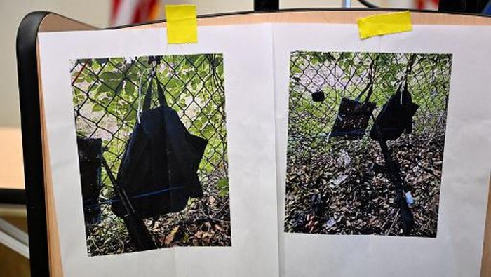 Pictures of evidence found at the fence of US president Donald Trumps golf course are shown at a press conference in West Palm Beach, Florida, on September 15, 2024 following a shooting incident at former US president Donald Trumps golf course. Trumps campaign reported Sunday that there had been 