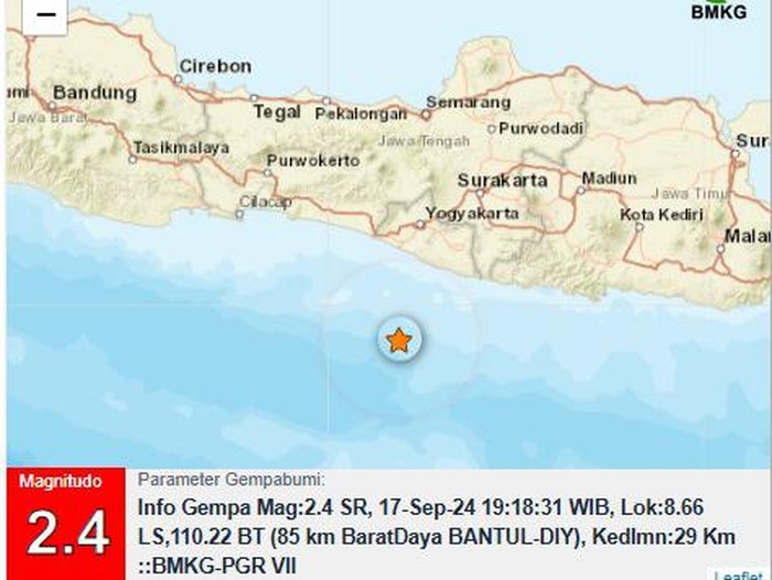 Gempa M 2,4 di perairan Bantul pukul 19.18 WIB, Selasa (17/9/2024).