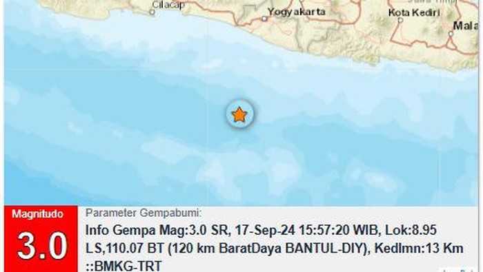 Gempa M 3 di Bantul, Selasa (17/9/2024).