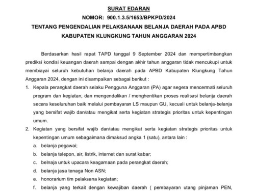 Tangkapan layar petikan Surat edaran Sekretaris Daerah (Sekda) Pemerintah Kabupaten (Pemkab) Klungkung, Selasa (17/9/2024). (Foto : tangkapan layar).