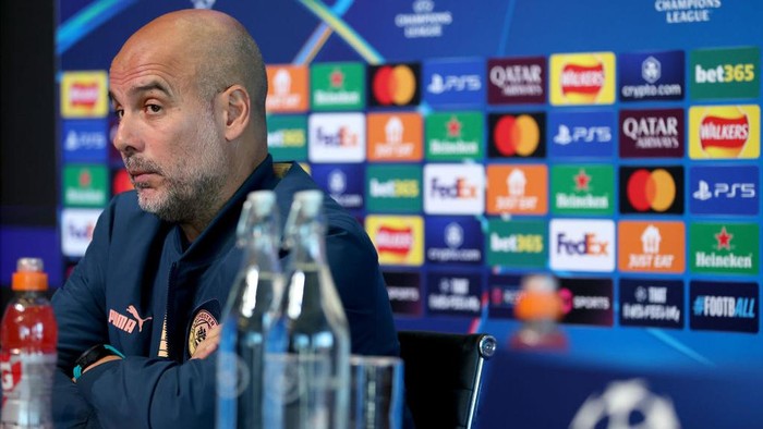 MANCHESTER, ENGLAND - SEPTEMBER 17: Manchester City manager Pep Guardiola during the UEFA Champions League 2024/25 League Phase MD1 press conference at City of Manchester Stadium on September 17, 2024 in Manchester, England. (Photo by Carl Recine/Getty Images)