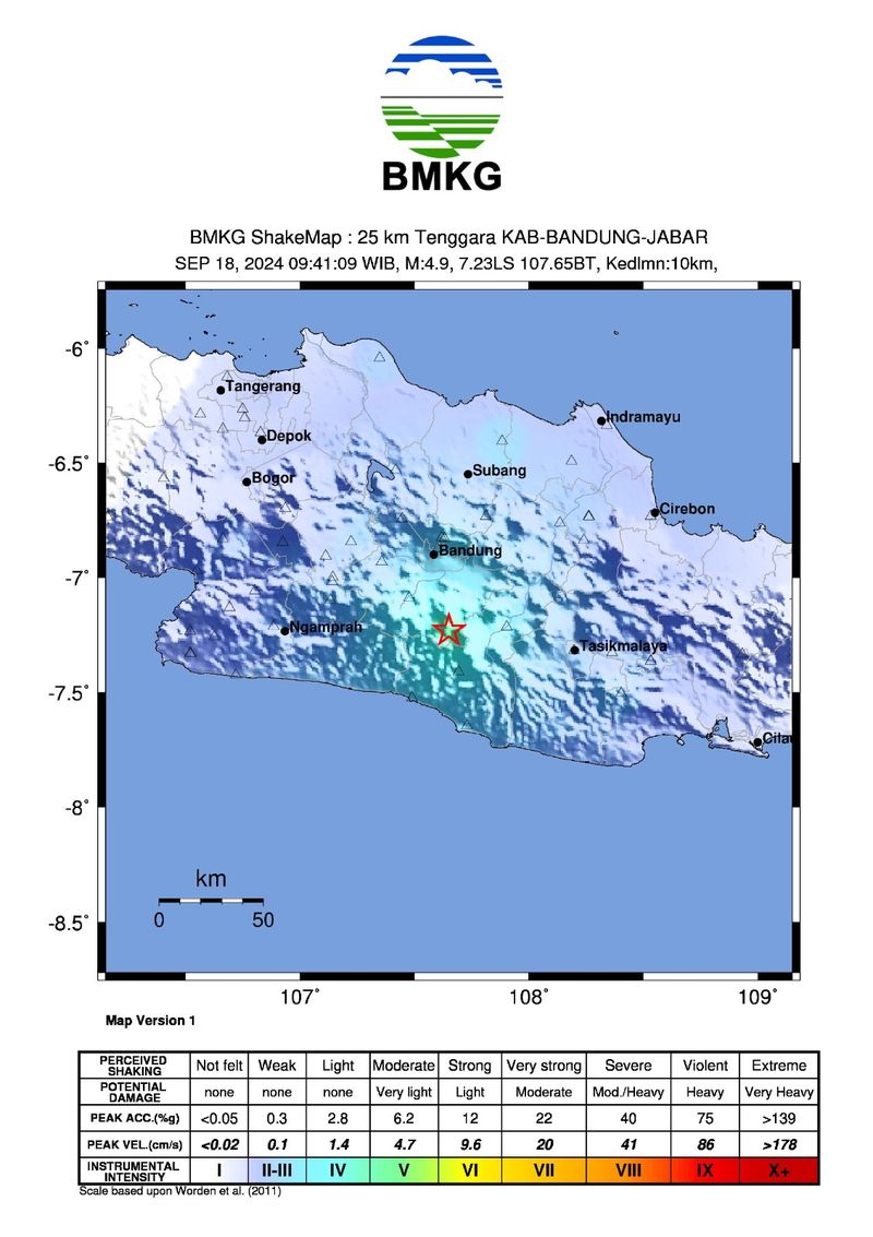 Gempa bumi di Kabupaten Bandung dengan Magnitudo (M) 4,9. BMKG menyatakan gempa dipicu Sesar Garsela. (dok BMKG)