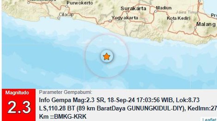 Gempa M 2,3 di perairan Gunungkidul, DIY, pada pukul 17.03 WIB, Rabu (18/9/2024).