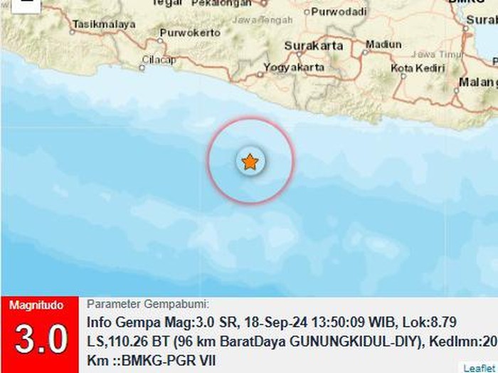 Gempa M 3 di Gunungkidul, Rabu (18/9/2024) pukul 13.50.09 WIB.