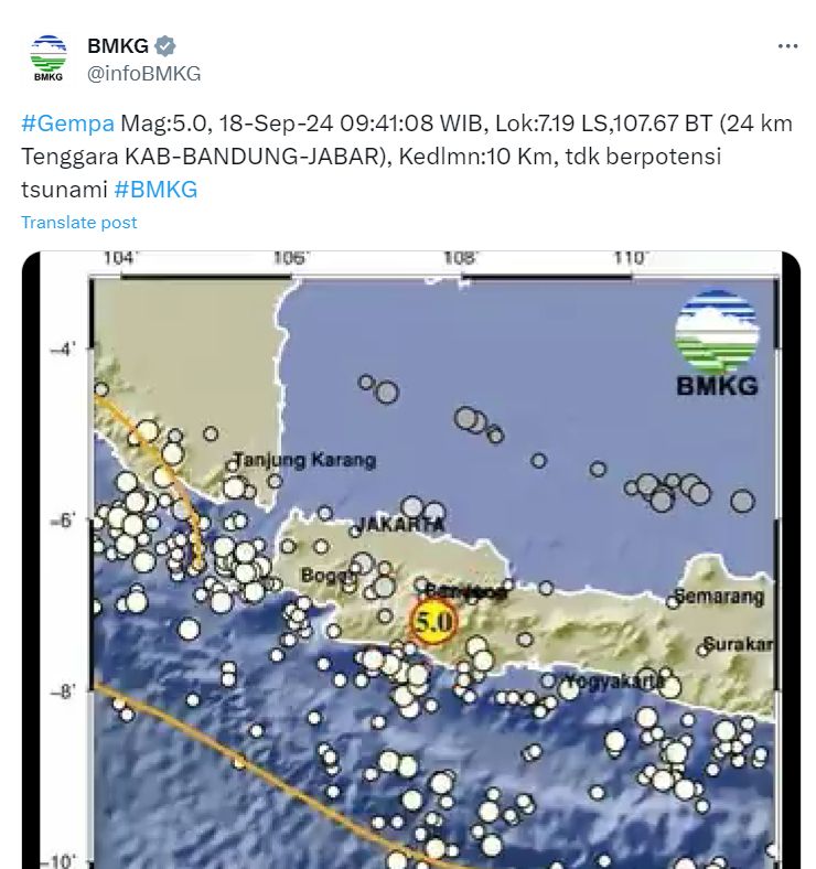 Gempa M 5 di Kabupaten Bandung, Rabu (18/9/2024) pukul 09.41.08 WIB.