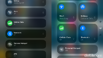 Apple mengubah tampilan bagian konektivitas di Control Center. Pada iOS 18 berupa susunan persegi panjang, kini dipadukan dengan tombol persegi. Lebih terlihat menarik. Foto: Adi Fida Rahman/detikINET