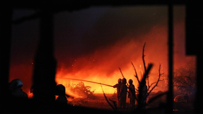 Petugas Dinas Pemadam Kebakaran dan Penyelamatan (DPKP) Kota Surabaya berusaha memadamkam api yang membakar kawasan Tambak Pring, Surabaya, Jawa Timur, Rabu (18/9/2024). Sebanyak 17 kendaraan pemadam kebakaran dikerahkan untuk memadamkan kebakaran tumpukan kayu dan rongsokan di bawah jalan tol Surabaya-Porong. ANTARA FOTO/Didik Suhartono/agr
