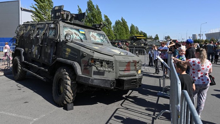 An FV103 Spartan armoured personnel carrier is on display at an exhibition of Ukrainian troops' weaponry and hardware, which according to organizers were captured by Russia's southern group of forces in the course of a military conflict with Ukraine, in Rostov-оn-Don, Russia September 14, 2024. REUTERS/Sergey Pivovarov