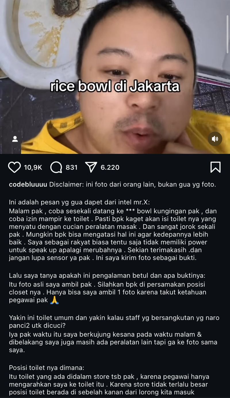 Codeblu Ungkap Resto Rice Bowl Jorok, Cuci Alat Masak di Kamar Mandi Kotor!