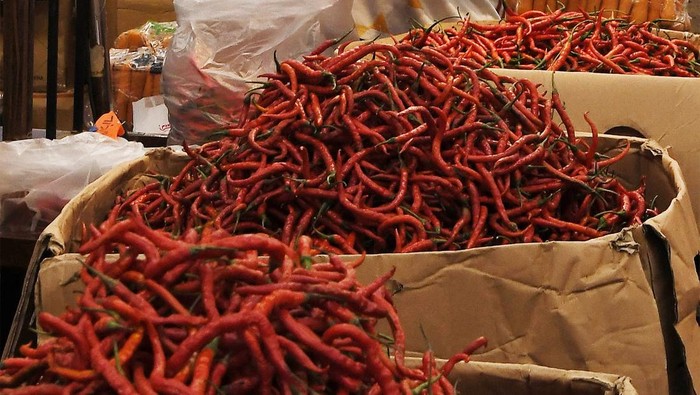 Pedagang memindahkan cabai merah keriting ke plastik di Pasar Induk, Kramat Jati, Jakarta Timur, Rabu (18/9/2024). Menurut data Badan Pangan Nasional (Bapanas) harga komoditas cabai merah kriting turun sebesar 1,69 persen menjadi Rp34.300 per kilogram dari harga sebelumnya Rp34 889 per kilogram, hal tersebut dikarenakan adanya panen raya dan stok di pasar melimpah. ANTARA FOTO/Fakhri Hermansyah/Spt.