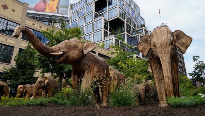 Life sized Indian elephant structures stand in the Meatpacking district as part of the public art installation ‘The Great Elephant Migration’ in New York City, U.S., September 06, 2024. REUTERS/Adam Gray