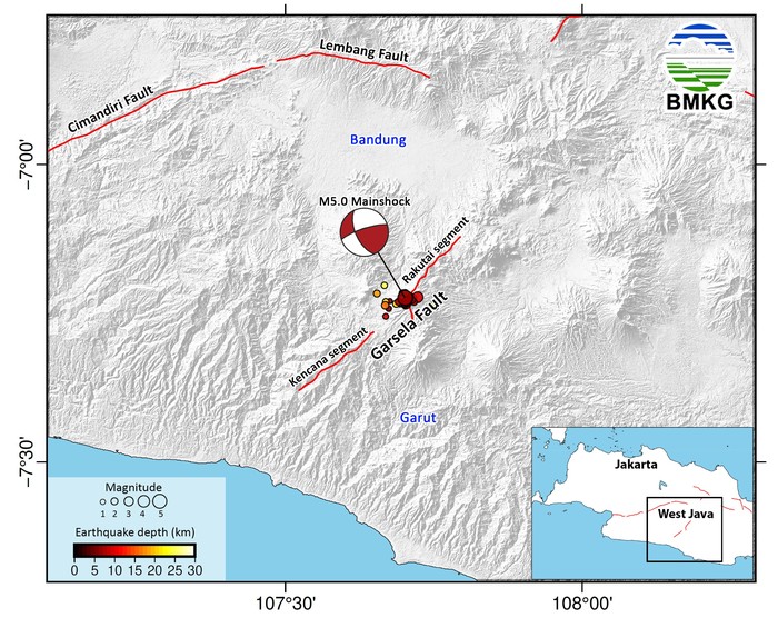 BMKG menyampaikan gempa magnitudo (M) 4,9 di wilayah Kabupaten Bandung dan Garut menjadi yang terbesar yang dipicu Sesar Garut Selatan (Garsela). (dok BMKG)