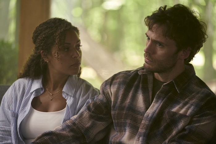 Film Bagman Antonia Thomas as Karina McKee and Sam Claflin as Patrick McKee in Bagman. Photo Credit: Simon Varsano