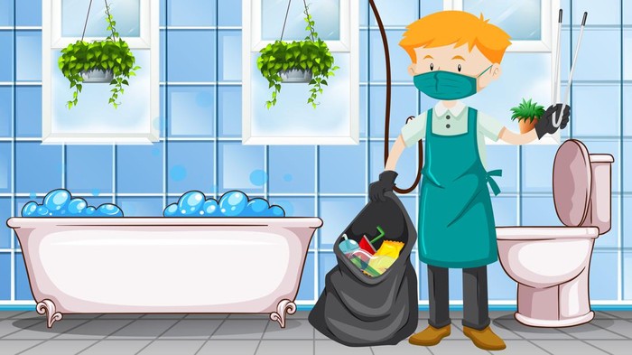 Ilustrasi pria membersihkan kamar mandi atau toilet