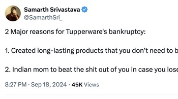 Menurut akun ini, Tupperware bangkrut karena membuat produk yang sangat awet sehingga tak perlu membeli lagi dan ibu-ibu menjaga setengah mati Tupperware miliknya. Foto: X.com