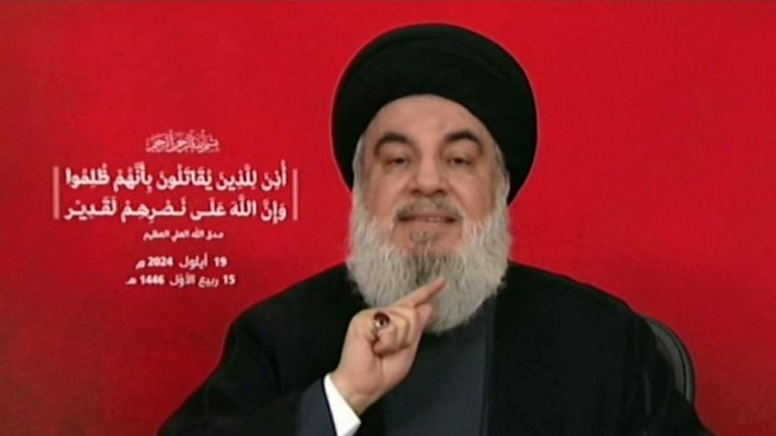 An image grab taken from Hezbollahs Al-Manar TV shows the Lebanese militant groups chief Hassan Nasrallah addressing the nation from an undisclosed location on September 19, 2024. Nasrallah said in his first televised appearance after this weeks electronic devices attacks in Lebanon that Israel had dealt an 