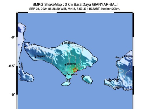 Gempa bumi M 4,8 mengguncang wilayah Gianyar, Bali, pada pukul 07.26 Wita, Sabtu (21/9/2024) pagi ini. (Foto: BMKG)