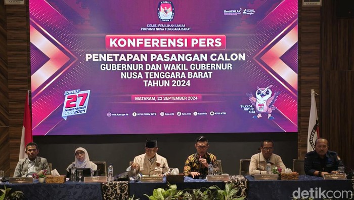 Konferensi pers penetapan paslon Pilgub NTB 2024 di Prime Park Hotel Mataram, Minggu (22/9/2024). (Foto: Helmy Akbar/detikBali)
