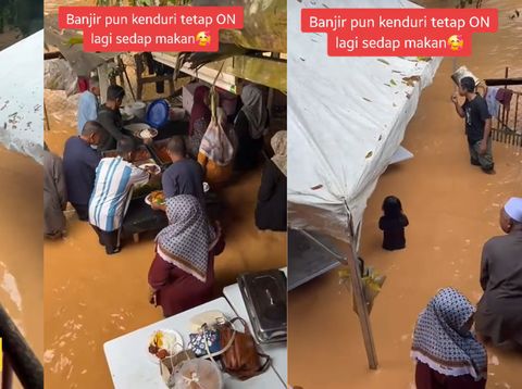 Meski Banjir Tinggi, Tamu Tetap Santai Makan di Pesta Kawinan