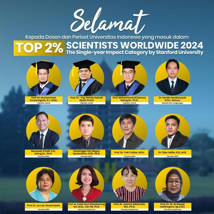 13 peneliti UI masuk daftar top 2% Scientist Worldwide 2024.