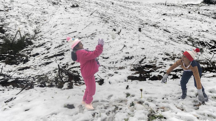 People play in unseasonal snow in Nottingham Road, near Durban, South Africa, Saturday, Sept. 21, 2024. (AP Photo)