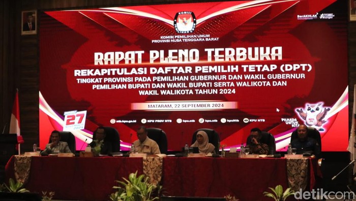 Rapat pleno penetapan DPT Pilkada NTB di Hotel Lombok Astoria Mataram, Minggu (22/9/2024) malam. (Foto: Helmy Akbar/detikBali)
