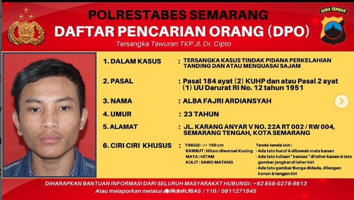 DPO Alba Fajri kasus duel bercelurit di Semarang.