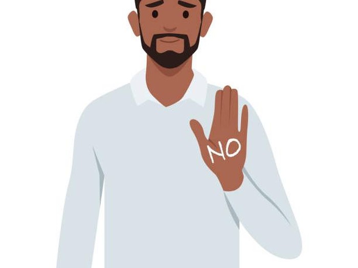 Young black man politely refuses the offer No, thank you. Flat vector illustration isolated on white background