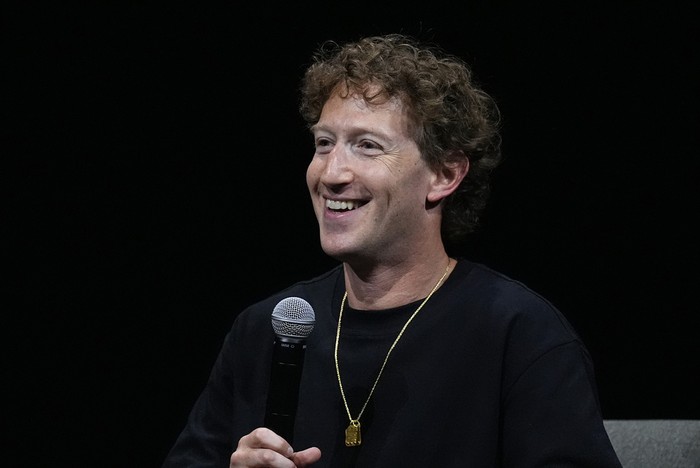 Mark Zuckerberg, chief executive officer of Meta, makes a point during an appearance at SIGGRAPH 2024, the premier conference on computer graphics and interactive techniques, Monday, July 29, 2024, in the Colorado Convention Center in downtown Denver. (AP Photo/David Zalubowski)