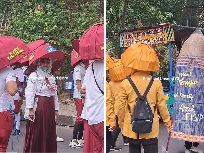 Beredar video viral karnaval nyeleneh dan unik bikin ngakak, peserta memakai seragam anak SD dilengkapi dengan topi jumbo seperti tudung saji di Universitas Jenderal Soedirman, Purwokerto, Jawa Tengah.