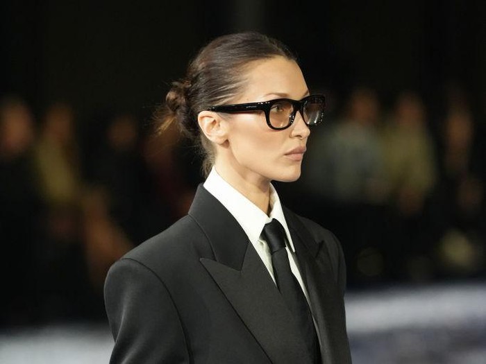 PARIS, FRANCE - SEPTEMBER 24: (EDITORIAL USE ONLY - For Non-Editorial use please seek approval from Fashion House) Bella Hadid walks the runway during the Saint Laurent Womenswear Spring-Summer 2025 show as part of Paris Fashion Week on September 24, 2024 in Paris, France. (Photo by Stephane Cardinale - Corbis/Corbis via Getty Images)