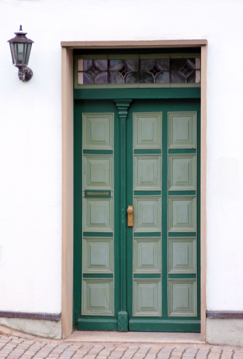 beautiful old green front door, coffered, made of wood, with skylight