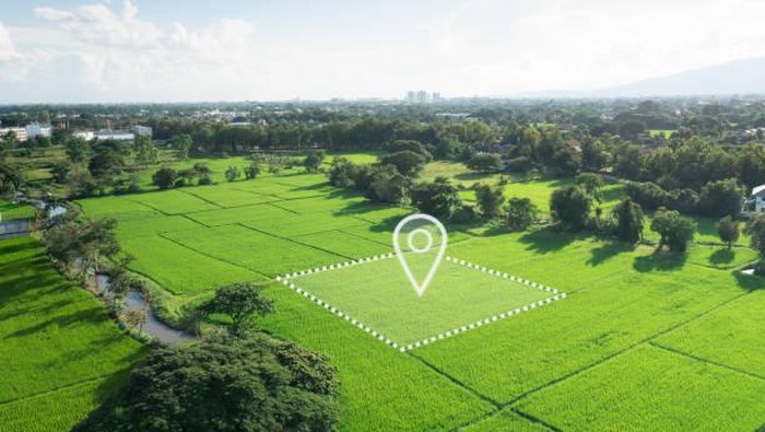 Land plot in aerial view. Identify registration symbol of vacant area for map. Property or real estate for business of home, house or residential i.e. construction, development, sale, rent, buy, purchase, mortgage or investment.