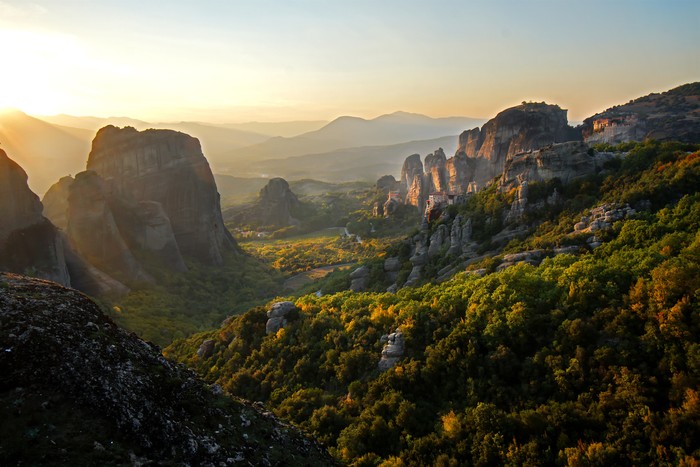 Beautiful panoramic view of Meteora landscape at sunset, Greece