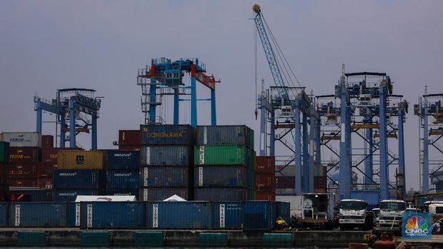 Suasana aktivitas bongkar muat peti kemas di Pelabuhan Tanjung Priok, Jakarta, Kamis (26/9/2024). (CNBC Indonesia/Faisal Rahman)