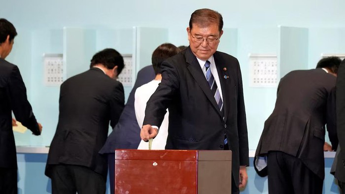 One of candidates Shigeru Ishiba casts his ballot at the Liberal Democratic Partys (LDP) leadership election Friday, Sept. 27, 2024, in Tokyo. Hiro Komae/Pool via REUTERS Purchase Licensing Rights