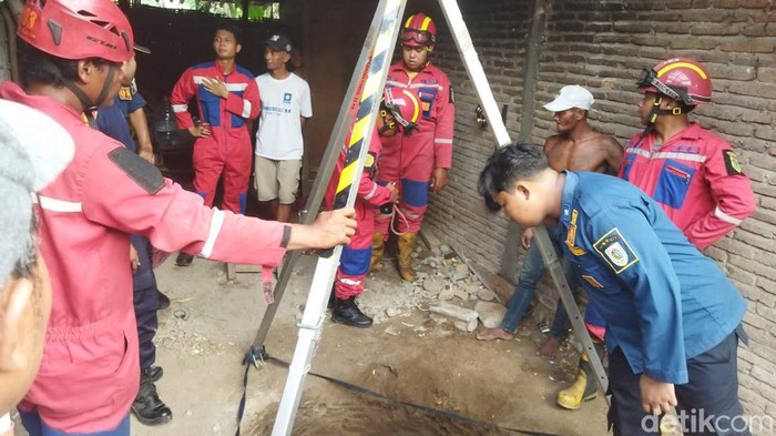Momen Damkar mengevakuasi seekor sapi di Desa Jemawan, Kecamatan Jatinom, Klaten, Sabtu (28/9/2024).