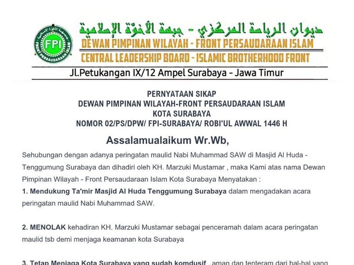 Surat penolakan KH Marzuki Mustamar di Surabaya