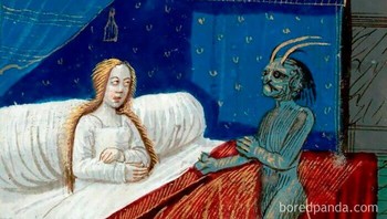 Alih-alih ketindihan, jadinya malah ngobrol sama setannya. Eh, relate banget. Foto: Cart Memes - Classical Art Memes via Bored Panda