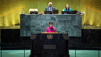 Dalam pidatonya, Retno merespons pidato Perdana Menteri Israel Benjamin Netanyahu saat Sesi Debat Umum Sidang ke-79 Majelis Umum PBB. Retno meragukan keinginan Israel untuk berdamai. (REUTERS/Eduardo Munoz)