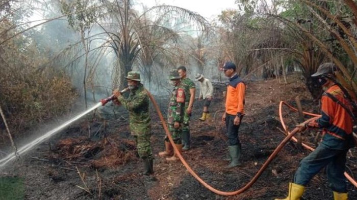 Petugas saat melakukan upaya pemadaman lahan di Desa Putak, Muara Enim yang kembali terbakar