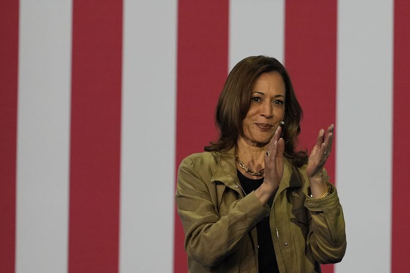 Gaya Kamala Harris Pakai Kalung Emas di Perbatasan Democratic presidential nominee Vice President Kamala Harris speaks at Cochise College Douglas Campus in Douglas, Ariz., Friday, Sept. 27, 2024. (AP Photo/Carolyn Kaster)