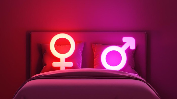 Gender symbol with bed double motel love female male valentine hotel room dim light neon bright romantic night sleep couple sexual intercourse sensual erotic dreamy symbol theme room.